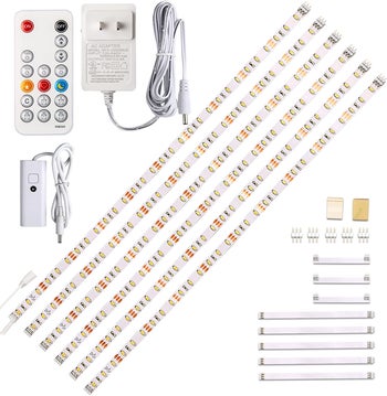 the under cabinet lighting kit with 6 PCS pre-cut strips, remote, and adapter