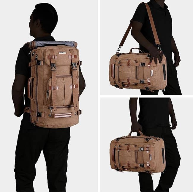 Model showcases a versatile canvas backpack in three poses, highlighting its function and style, suitable for travel or shopping
