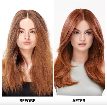 before and after of a model with frizzy hair and then smooth hair