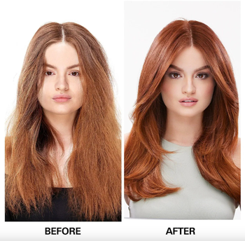 eco travel size toiletries before and after of a model with frizzy hair and then smooth hair