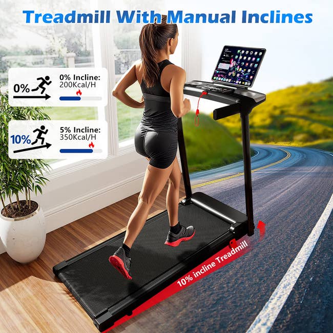 Person moving  connected  a treadmill with manual incline settings, featuring a integer  show  screen