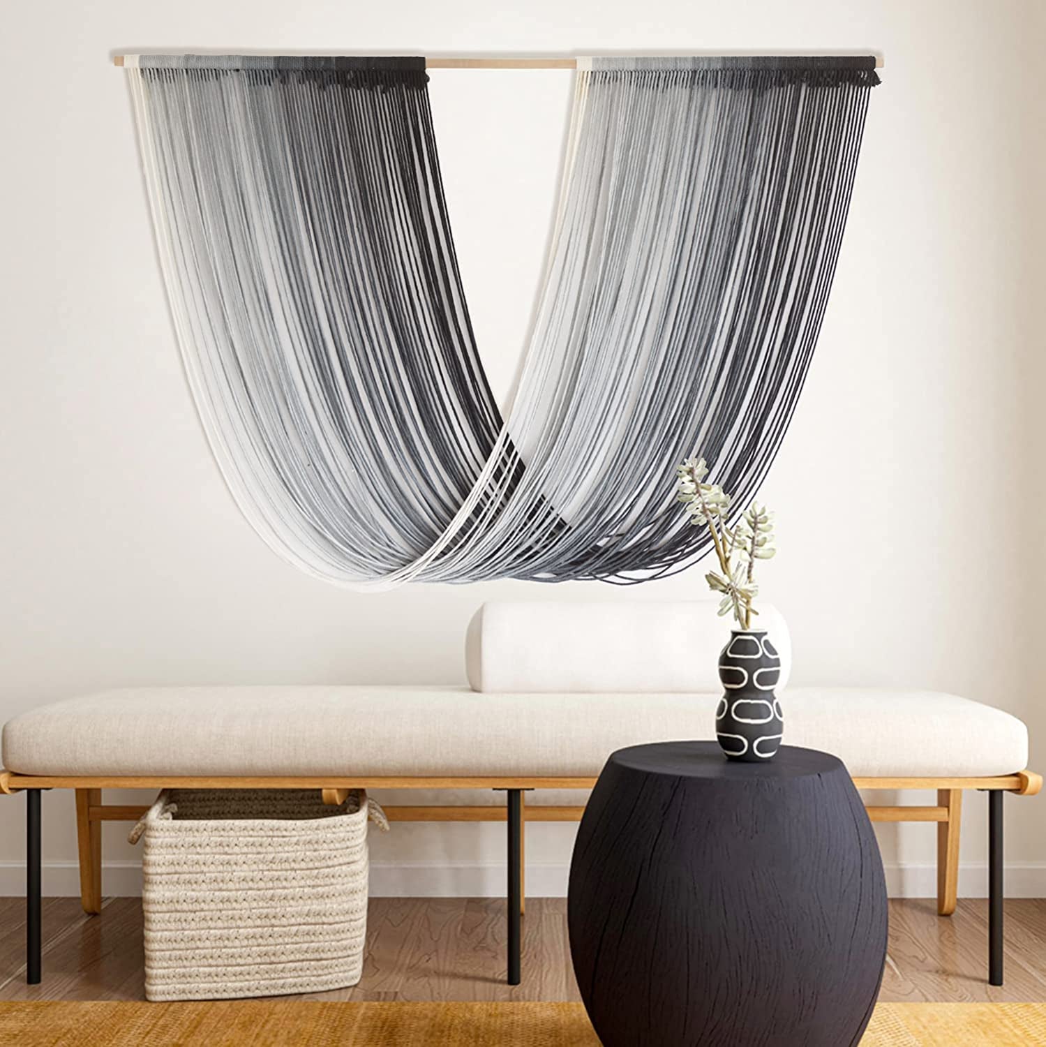 living room with large scale loop tapestry