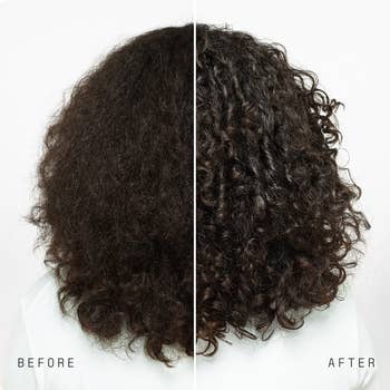 side by side before and after images of a model with dull frizzy hair that is then curly and healthy