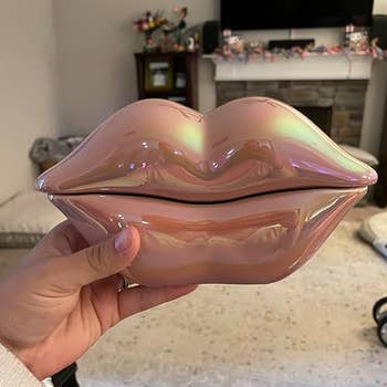 Person holding a glossy, lip-shaped decor point  successful  a surviving  country   setting