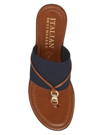 Brown Italian slipper with blue band and metal emblem, viewed from above