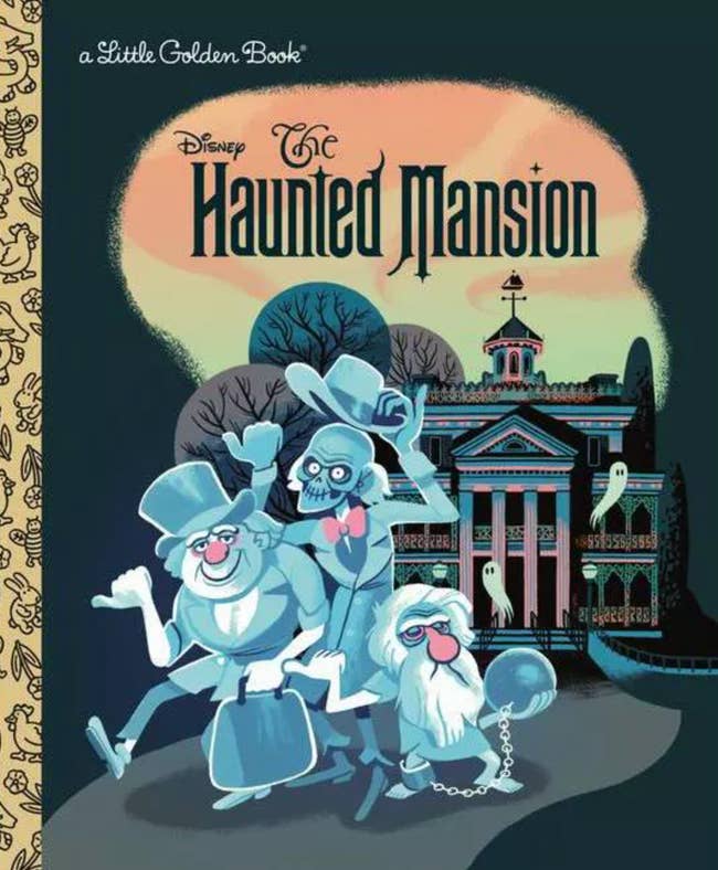 book cover with three ghosts in front of a mansion 