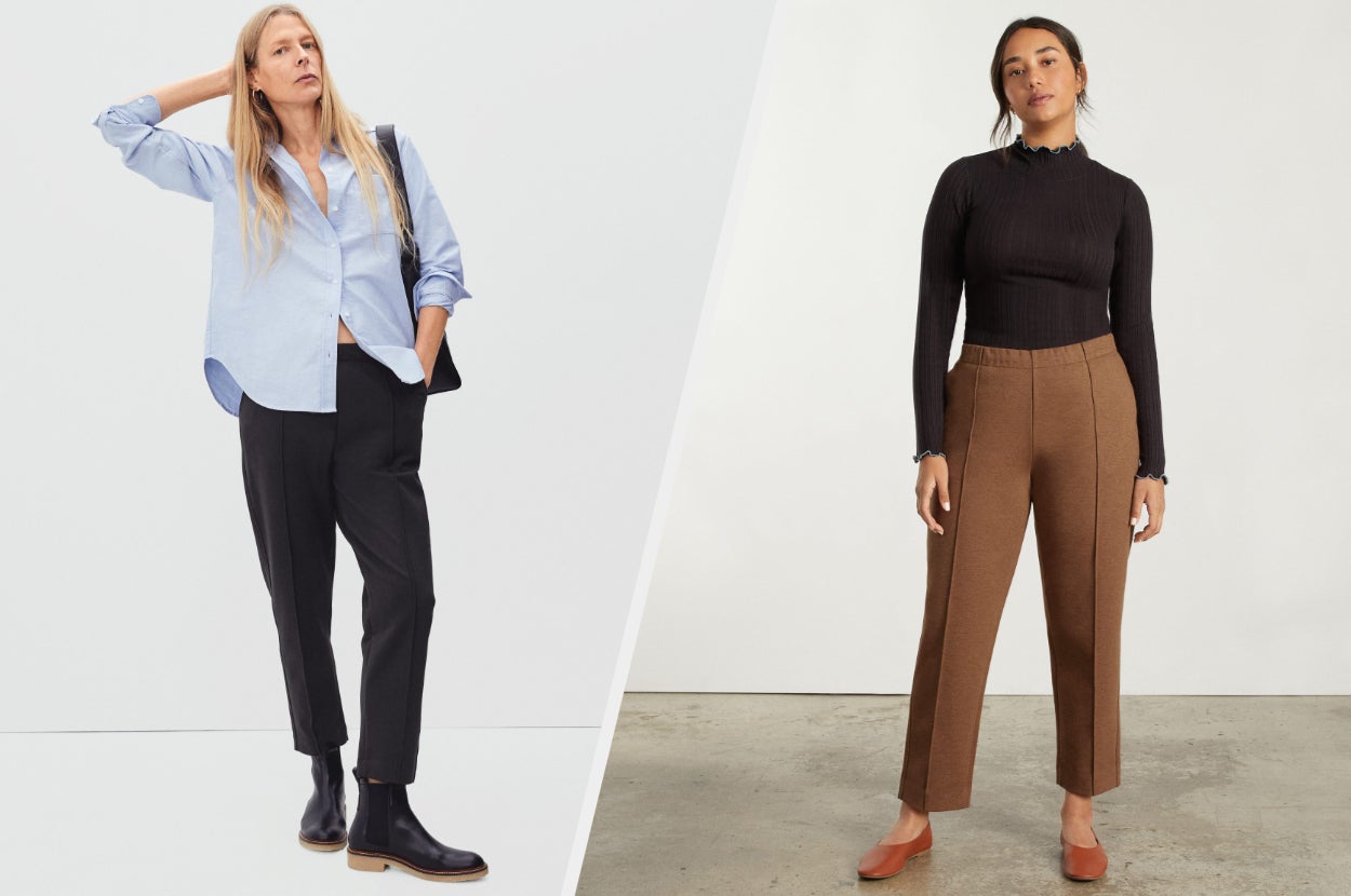 Two images of models wearing black and brown pants