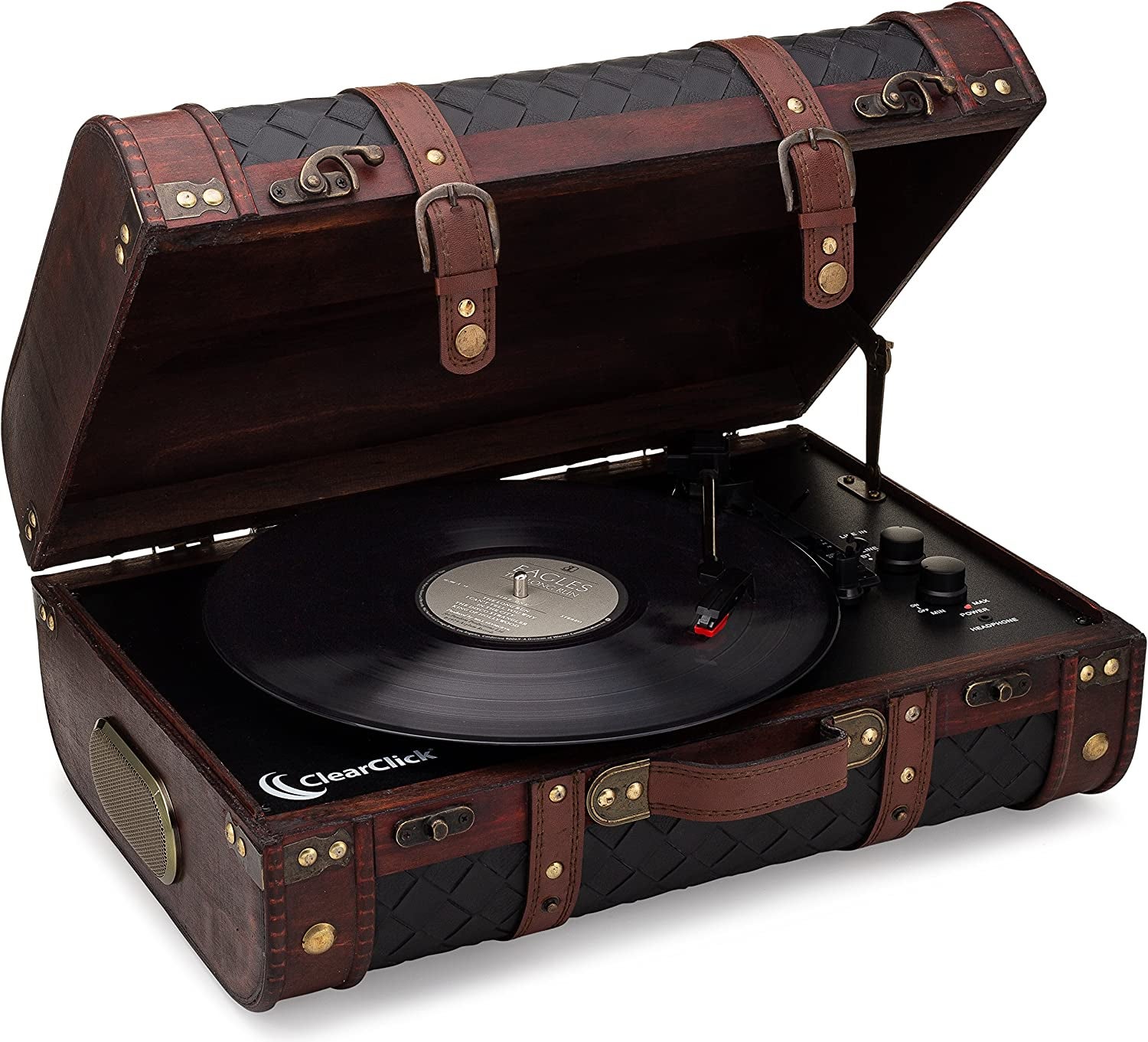 Brown leather vintage-inspired portable turntable with two black dials and antique gold embellishments on a white background