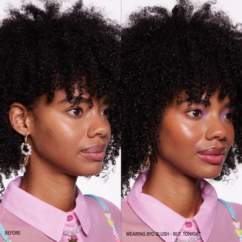 before and after images of a model not wearing the blush and then wearing the blush