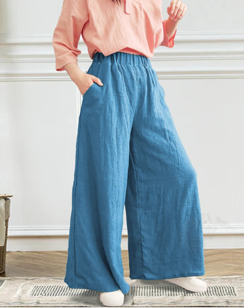 model wearing the blue linen culottes