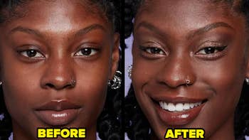 a model before and after using the pore filler stick
