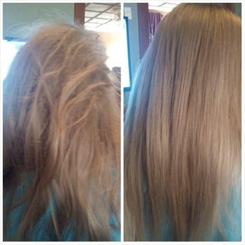 before and after images of reviewer's tangled hair becoming untangled