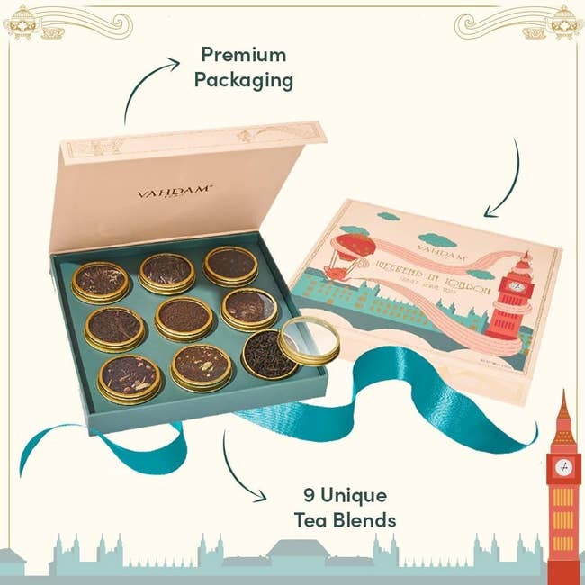 Box of nine unique tea blends in premium packaging, featuring London-themed design with London Eye and Big Ben illustrations