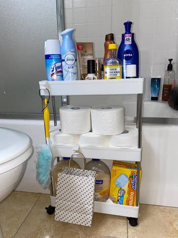 Bathroom cart stocked with cleaning supplies, toilet paper, and idiosyncratic attraction items similar lotion and moisturizer