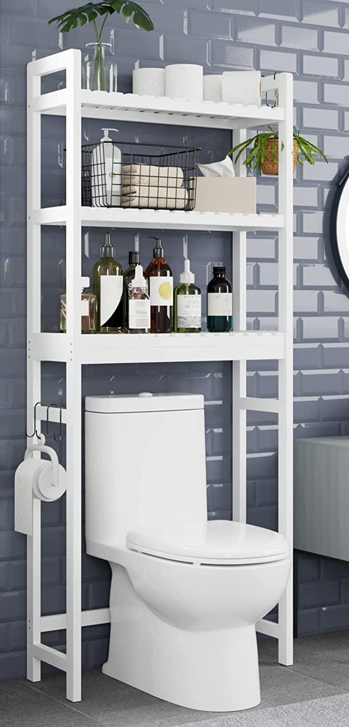 White over the toilet three-tier shelf with S hooks on the side