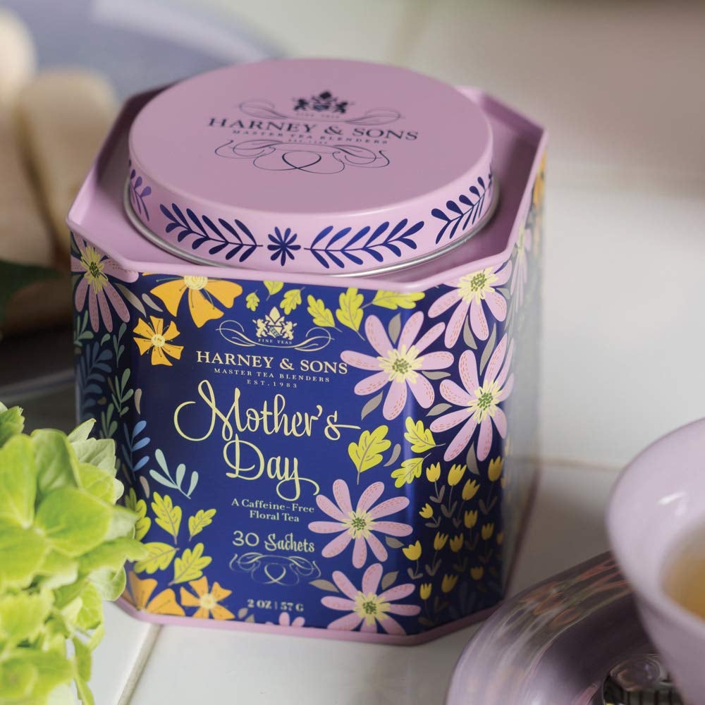 the ornate blue and purple floral tin of mother's day tea
