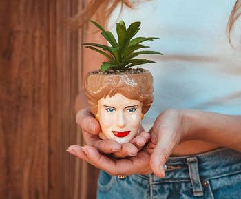 Person holding small blanche head planter with faux plant