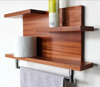 Product in dark brown wood  with silver metal towel bar attached to a white wall