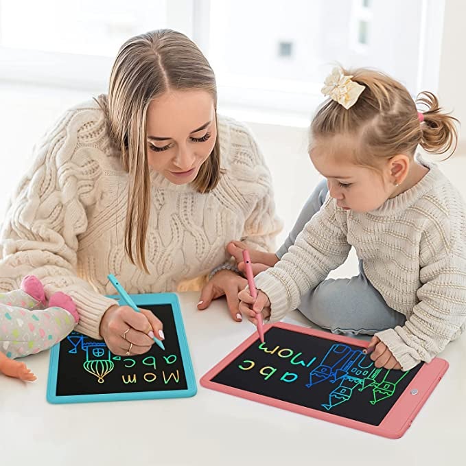 A parent and child drawing on a LCD writing tablet