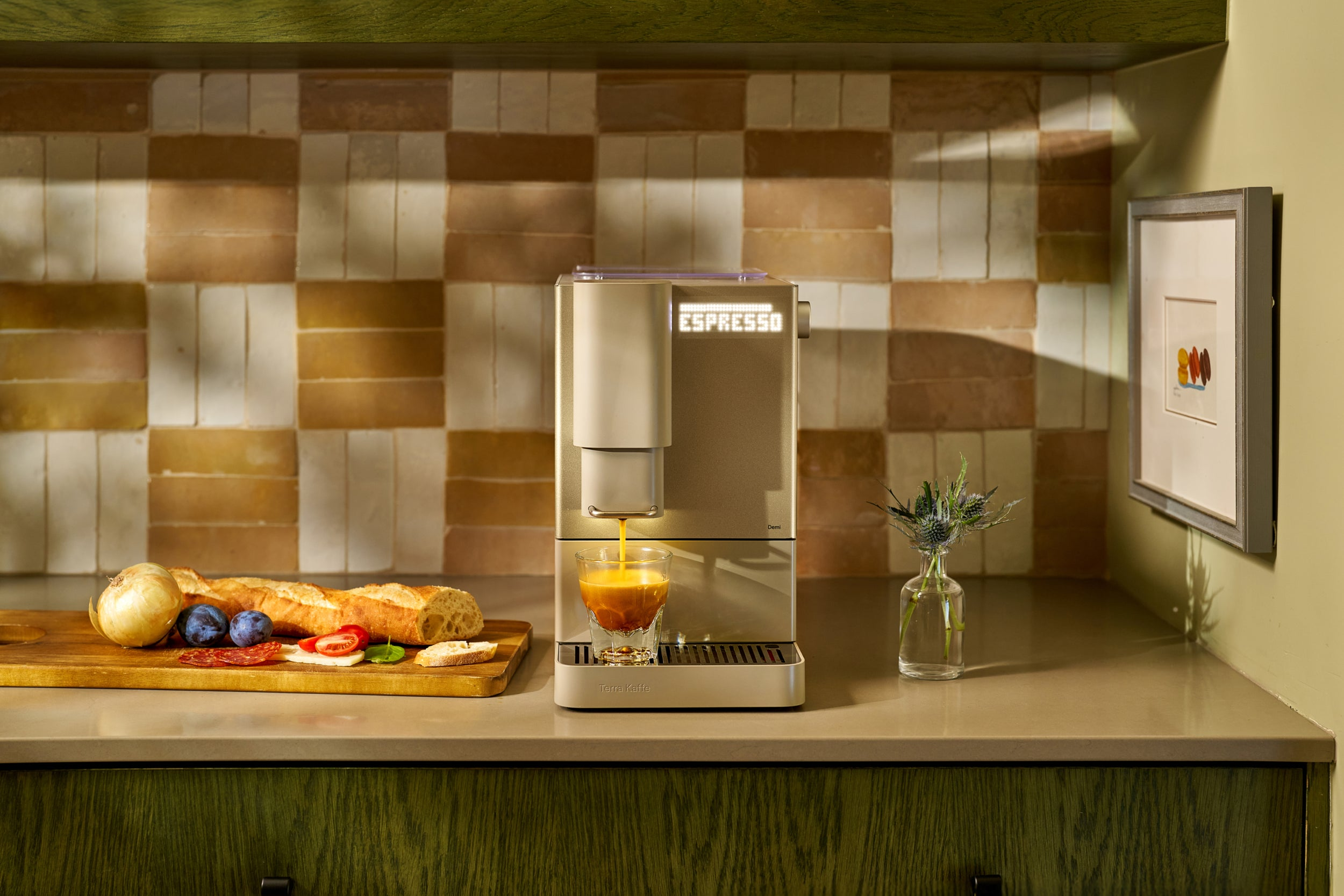 espresso instrumentality   pouring espresso into a cupful  with glowing 