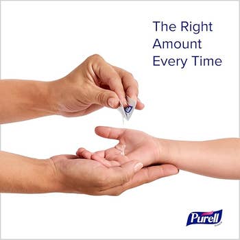 Hands utilizing Purell manus  sanitizer single-use battalion  with substance   stating, 