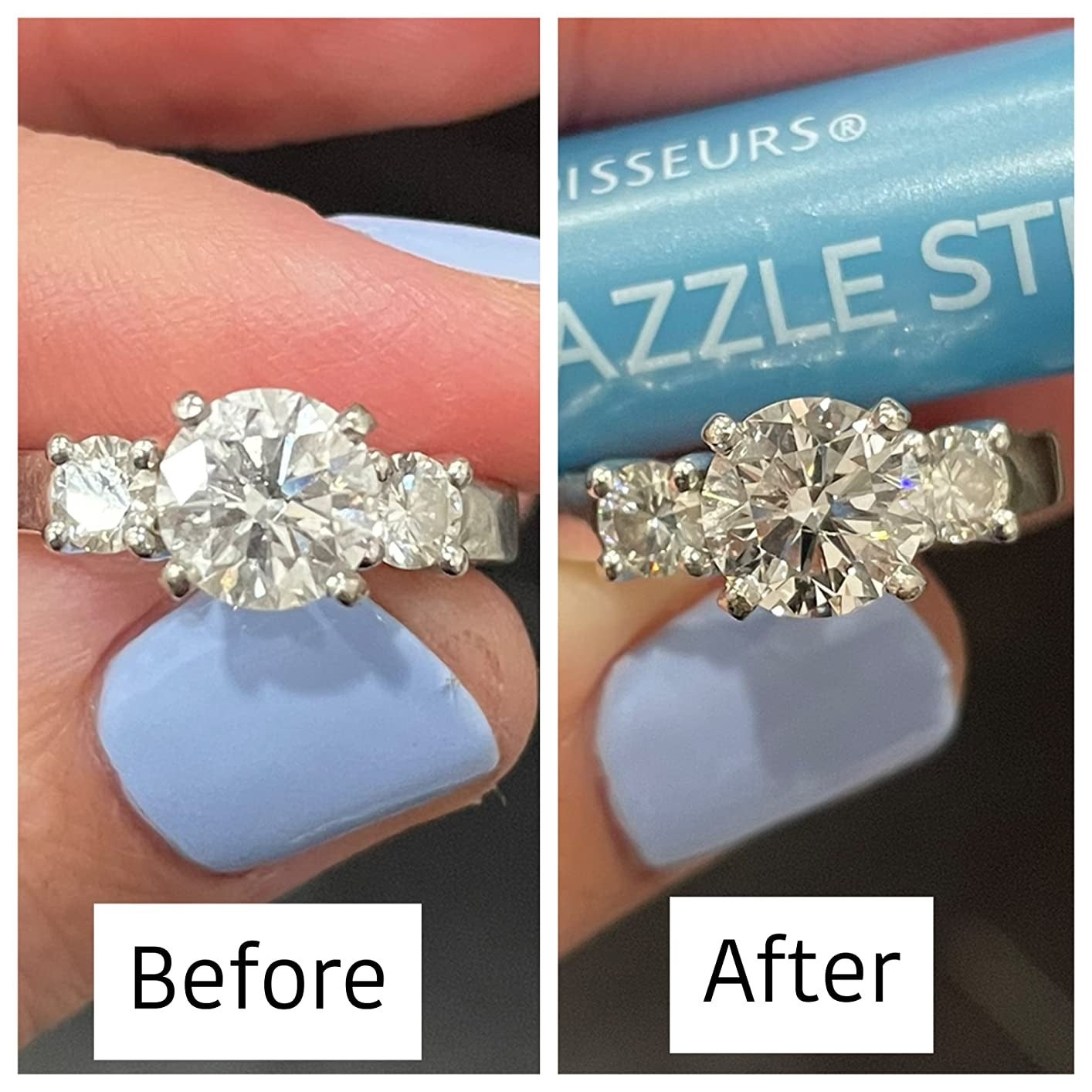 on left, cloudy diamond ring. on right, same ring with a more sparkly appearance and less cloudy stones after using the jewelry cleaning pen