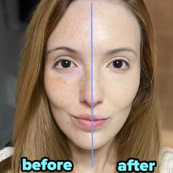 one side of a reviewer's bare face, the other side has foundation applied