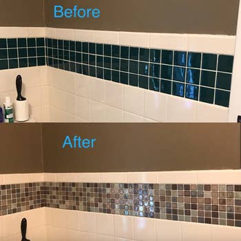 a reviewer before and after photo of the backsplash tiles in their bathroom