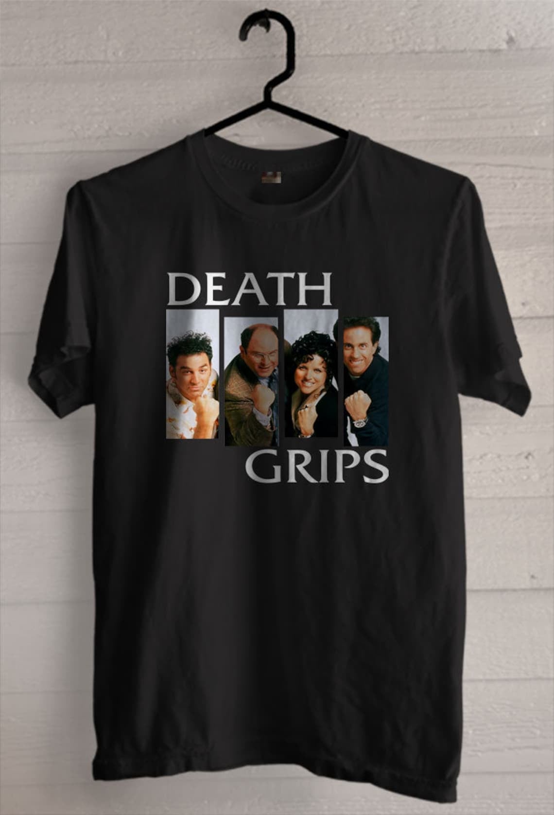 shirt that says death grips with the seinfeld characters making fists 