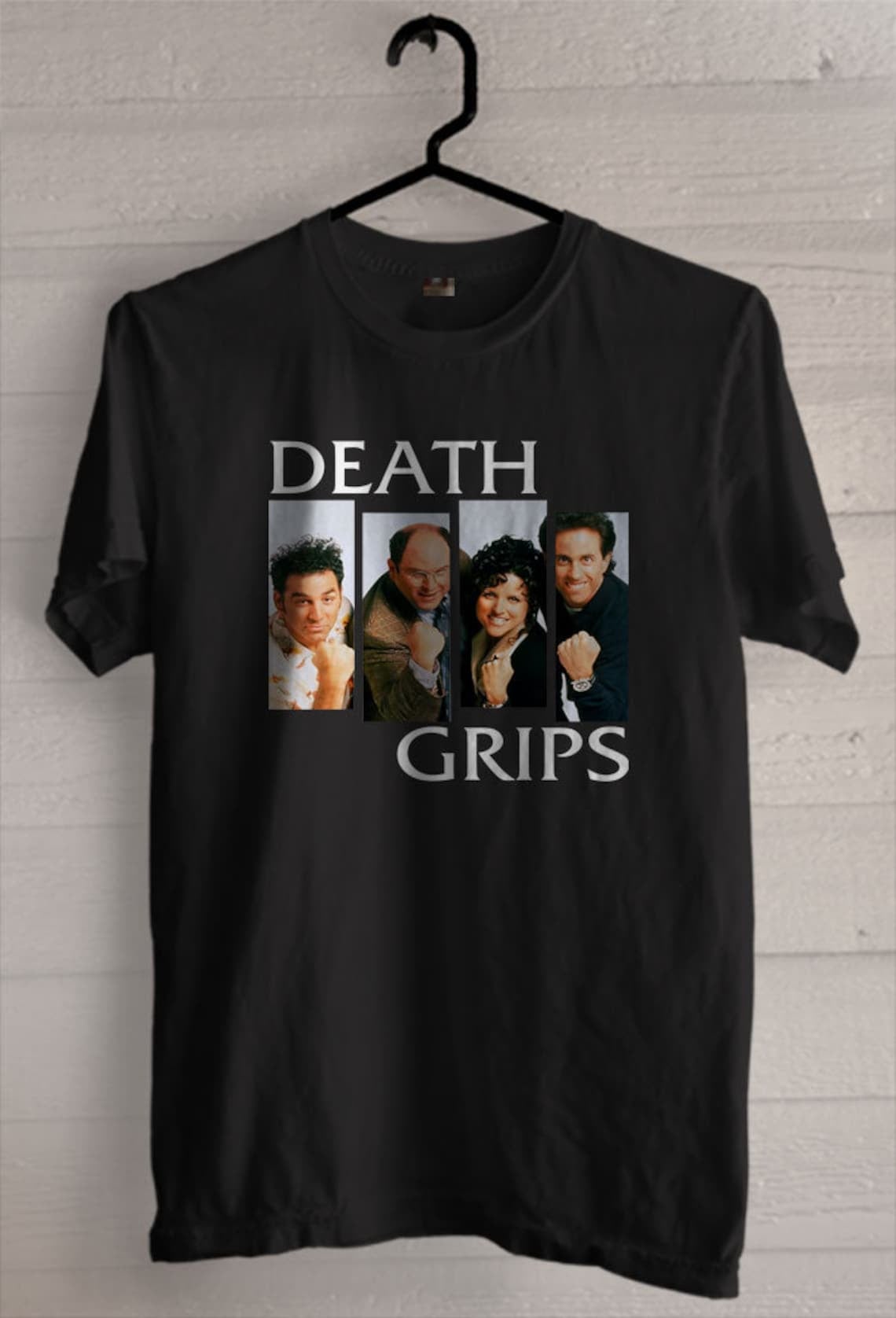 shirt that says death grips with the seinfeld characters making fists