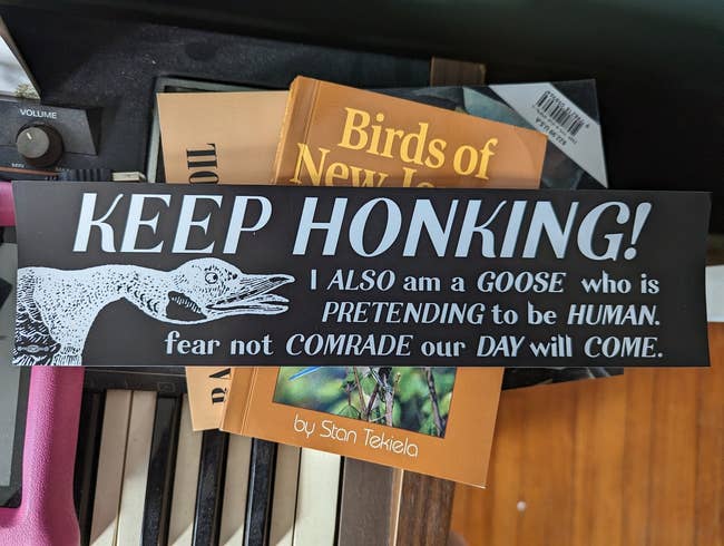 The black bumper sticker with a white goose and text 