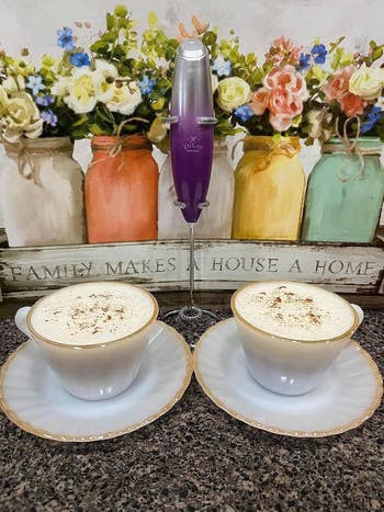 Dua cappuccinos berbusa di atas meja dengan frother susu dan dekorasi bunga di latar belakang