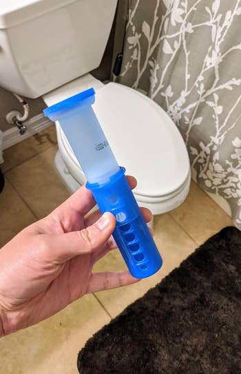 reviewer holding the Scrubbing Bubbles toilet gel stamp