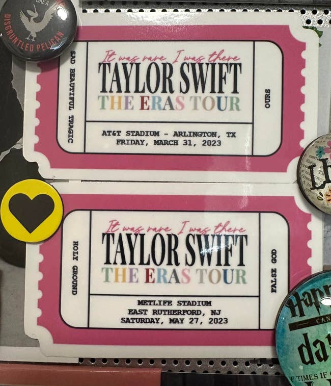 stickers that look like pink ticket stubs that say 