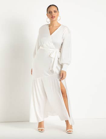 model wearing white maxi satin dress