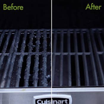before photo of a dirty grill covered in burned bits next to an after photo of the same grill grate looking totally clean