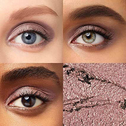 three models each with a different skintone wearing the eyeshadow in a metallic mauve color