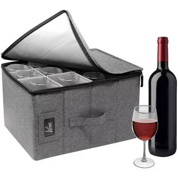 Image of gray box next to wine glass and bottle