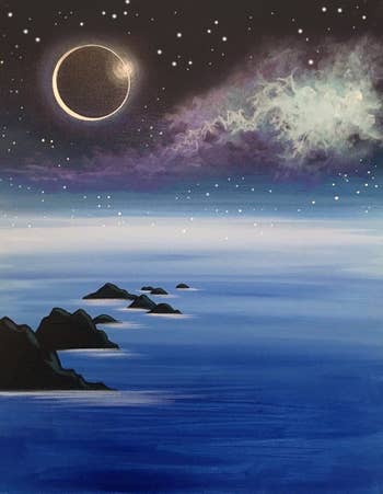 a painting of a changing moon above water