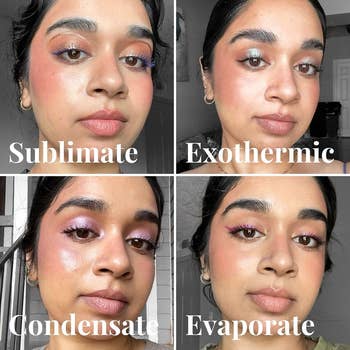 A model wearing Phytosurgence toasted blushes in Condensate, Evaporate, Exothermic, and Sublimate