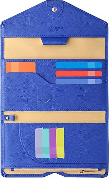 the open blue wallet showing its many pockets and compartments