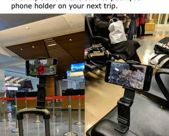 photo of the phone mount on a luggage handle and another photo of it on an airport seat's armrest