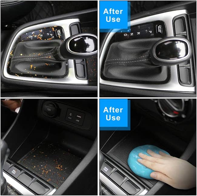 before photo of a car gear shift and center console covered in crumbs and then both areas clean after using the blue cleaning gel