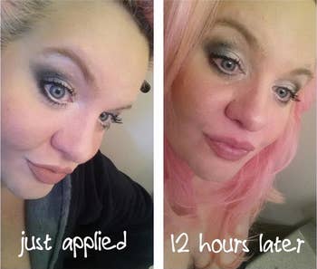 reviewer showing how their makeup looks after just using the spay and then 12 hours later looking the same