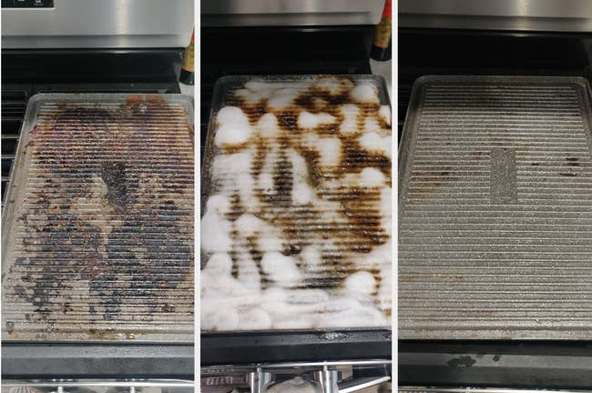 Reviewer progression photo of a griddle with grease stains, then sprayed with Dawn Powerwash, then completely clean