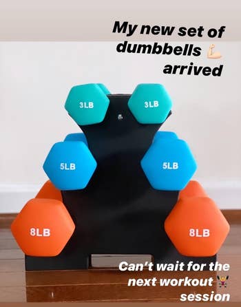reviewer photo of blue, green, orange weight set, instagram story caption 