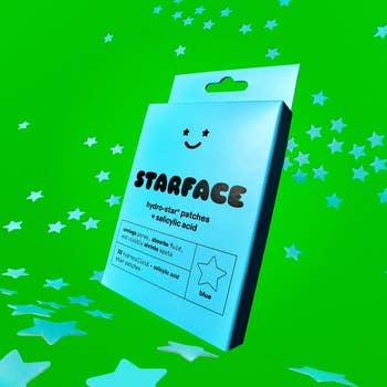 Starface hydro-star patches container with salicylic acerb for acne treatment, surrounded by star-shaped patches connected a vibrant background