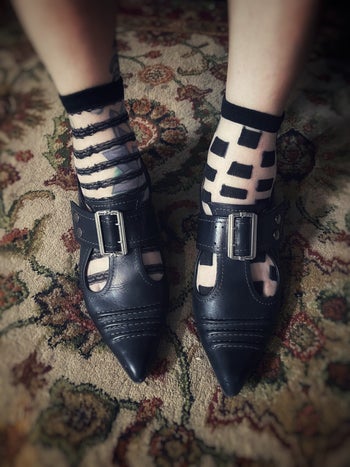 another reviewer with sheer striped and sheer checkered socks with goth shoes