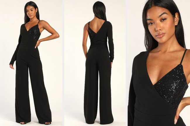 Three images of model wearing black jumpsuit