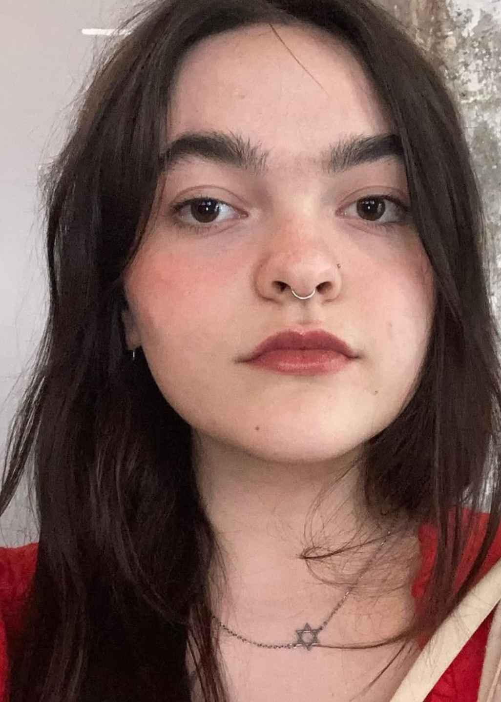 Person with agelong  acheronian  hair, wearing a septum ring, bladed  necklace, and reddish  top, looking astatine  the camera